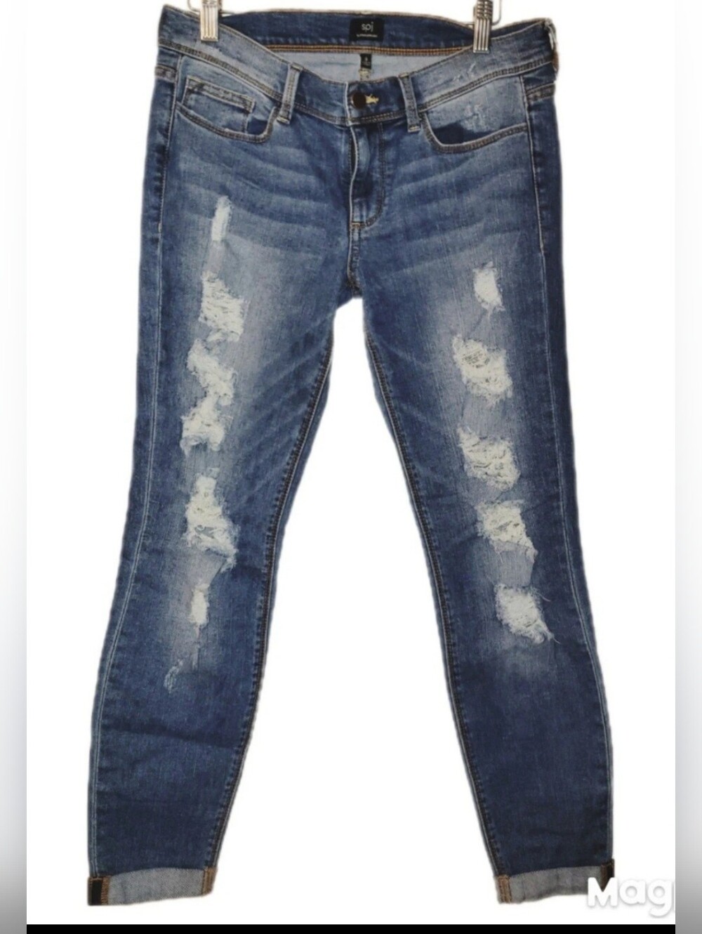 Vintage SPJ Blue Stretch Distressed Denim Jeans Size 9 Cropped Cuffed